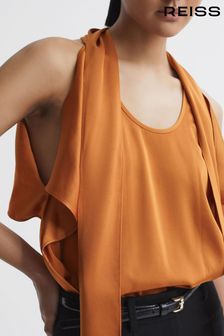 Reiss Rust Camilla Tie Neck Draped Satin Blouse (N15697) | €225