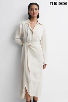 Reiss Cream Arabella Satin Shirt-Style Midi Dress (N15699) | OMR186