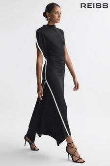 Reiss Black/White Klein Asymmetric Contrast Trim Midi Dress (N15701) | $438