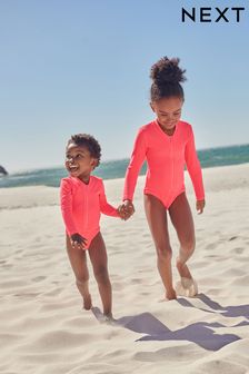 Fluro Pink Long Sleeve Textured Swimsuit (3mths-16yrs) (N16389) | €25 - €34