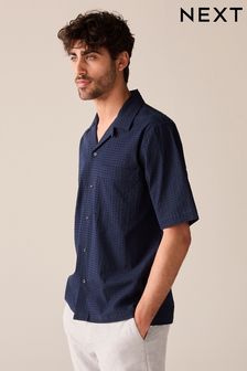 Navy Blue Textured Short Sleeve Shirt With Cuban Collar (N16903) | €42