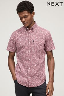 Burgundy Red Floral Easy Iron Button Down Short Sleeve Oxford Shirt (N16909) | €26