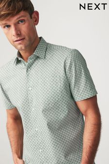 Green Geometric Print Easy Iron Button Down Short Sleeve Oxford Shirt (N16910) | HK$190