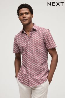 Coral Pink Sun Easy Iron Button Down Short Sleeve Oxford Shirt (N16915) | 109 QAR