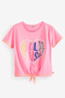 Billieblush Pink Glitter Heart Logo Cropped Tie Front T-Shirt