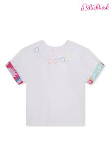 Billieblush Short Sleeve White T-Shirt With Heart Embroidery & Contrast Hem