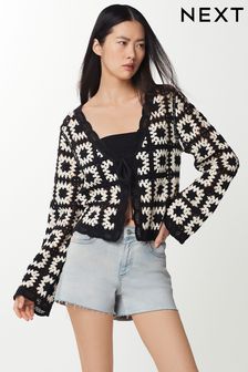 Negru/Alb - Cardigan Croșetat cu mânecă lungă (N17067) | 278 LEI