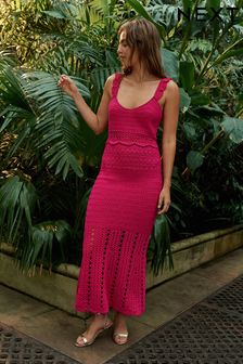 Pink Premium Hand Crochet Sleeveless Midi Dress (N17072) | AED719