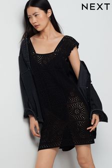 Black - Crochet Square Neck Mini Dress (N17074) | kr650