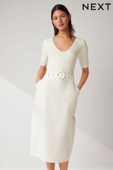 Ecru White Woven Mix Short  Sleeve Midi Dress (N17075) | OMR21