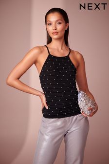 Black Sleeveless Embellished Vest Top (N17088) | KRW89,300