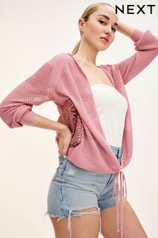 Roz pastel - Cardigan cu plasă cu Hanorac și guler Hanorac (N17089) | 190 LEI