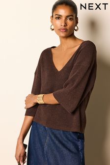 Brown V-Neck Linen Short Sleeve Top (N17090) | $67