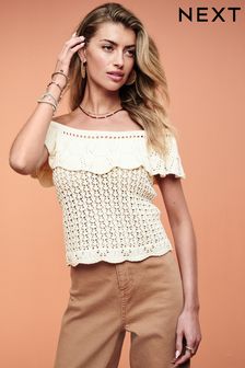 White Crochet Bardot Top (N17092) | SGD 52