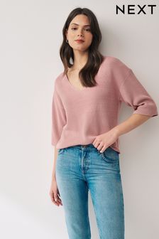 Rosa rubor - Camiseta de manga corta en lino con cuello de pico (N17099) | 58 €