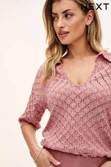 Blush Pink Short Sleeve Stich Detail Polo Top (N17103) | €46