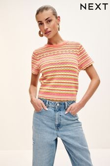 Pink Stripe Stitch Detail Knitted T-Shirt (N17109) | OMR12