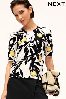 Ecru White/Black Lemon Print Round Neck Short Sleeve Knitted Top (N17116) | kr325