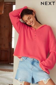 Rose corail - Sweat à capuche et col boutonné (N17122) | €33