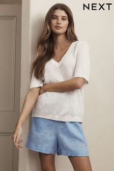 White 100% Linen V-Neck Knitted T-Shirt (N17159) | ₪ 160