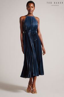 Niebieska plisowana sukienka midi Ted Baker Kassiah z dekoltem halter (N17241) | 1230 zł