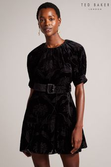 Czarna sukienka mini Ted Baker Tilliiy z dopasowaną górą i rozkloszowanym dołem oraz bufiastymi rękawami (N17248) | 757 zł