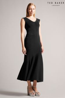 Czarna sukienka przed kostkę Ted Baker Junella ze zdobionym dekoltem (N17256) | 835 zł