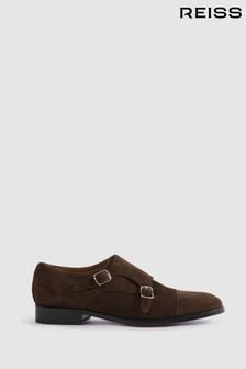 Reiss Brown Amalfi Suede Double Monk Strap Shoes (N17283) | SGD 546