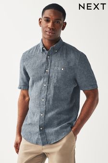 ネイビー - スタンダードカラー - リネン混 半袖シャツ (N17334) | ￥4,520