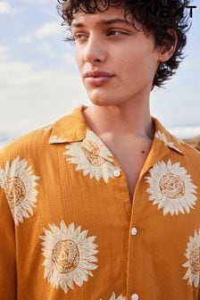 Orange Printed Short Sleeve Shirt With Cuban Collar (N17336) | $45