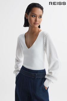 Reiss Ivory Lexi Knitted Sleeve V-Neck Top (N17348) | AED922