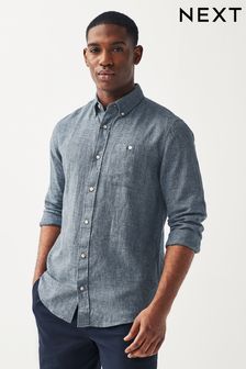 Темно-синий - Стандартный воротник - Рубашка из льняной ткани с длинным рукавом (N17379) | €40