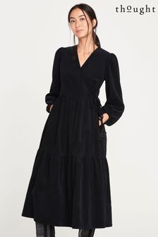 Thought Milou Organic Cotton Corduroy Wrap Black Dress (N17423) | €63