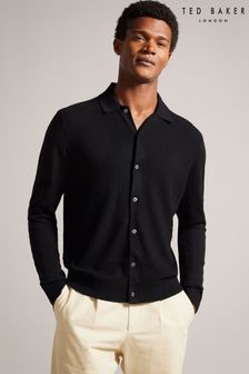 Ted Baker Oidar Long Sleeve Revere Collar Knitted Black Polo Shirt