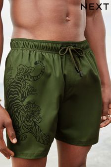 Kaki zelen tiger - Klasičen kroj - Kopalne hlače s potiskom (N17777) | €17