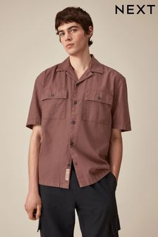 Rust Brown Linen Blend Short Sleeve Shirt with Cuban Collar (N17782) | kr353