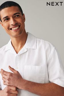 White Overhead Linen Blend Short Sleeve Shirt (N17785) | €36