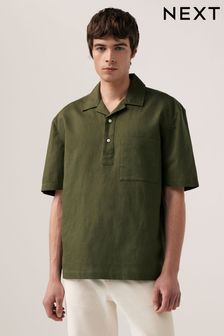 أخضر - تلبس من الرأس - قميص بكم قصير من مزيج الكتان (N17786) | 144 ر.س