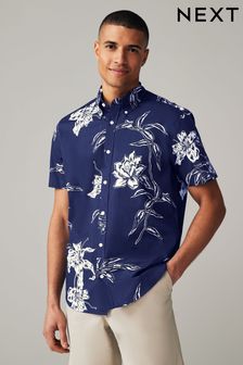 Navy Blue - Floral Short Sleeve Shirt (N17909) | kr490