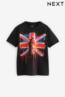 Negru Union Jack - Tricou cu model grafic şi mânecă scurtă (3-16ani) (N17913) | 83 LEI - 108 LEI