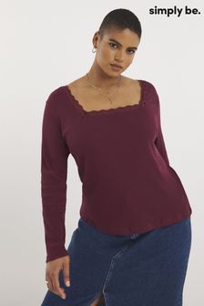 Simply Be Red Lace Square Neck Ribbed Top (N18283) | ₪ 75
