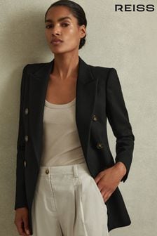 Reiss Black Lana Tailored Textured Wool Blend Double Breasted Blazer (N18479) | OMR224