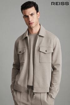 Reiss Taupe Medina Zipped Interlock-Jersey Overshirt (N18495) | $297