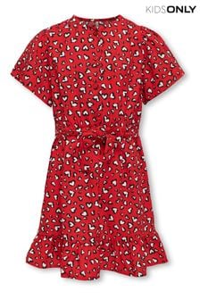 أحمر - فستان بطبعة قلب وكشكش وربطة على الخصر من ONLY KIDS (N18925) | 140 ر.س