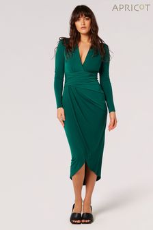Apricot Green Draped Ity Wrap Skirt Midi Dress (N20044) | SGD 75