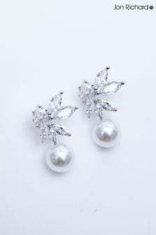 Jon Richard Silver Tone Cubic Zirconia Floral Navette Pearl Drop Earrings (N20433) | AED111