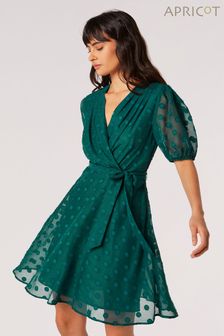 Apricot Green Pleat Wrap Jacquard Dot Dress (N20604) | KRW74,700