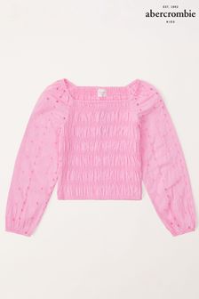 Abercrombie & Fitch Pink Textured Smocked Square Neck Balloon Sleeve Top