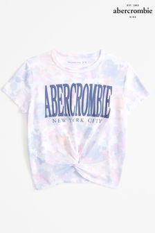 Abercrombie & Fitch Tie Dye Varsity Logo Cropped Tie Front White T-Shirt