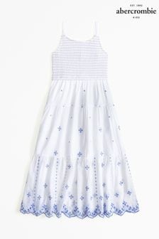 Abercrombie & Fitch Boho Smocked Embroidered Tiered White Maxi Dress